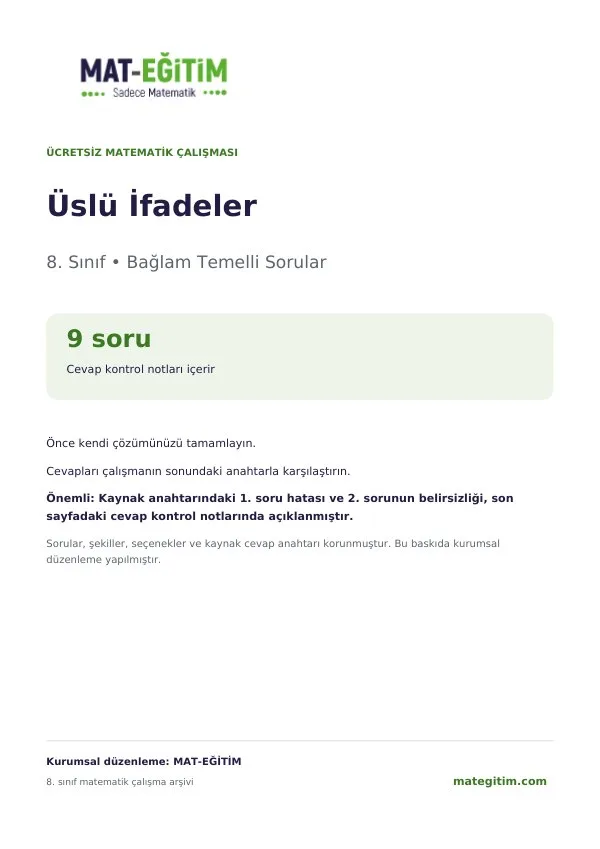 8. Sınıf Üslü İfadeler Bağlam Temelli Sorular PDF