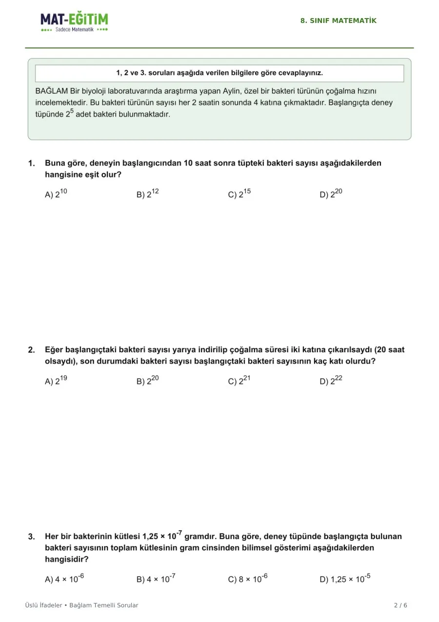 8. Sınıf Üslü İfadeler Bağlam Temelli Sorular PDF - Sayfa 1