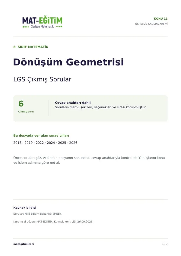 LGS Dönüşüm Geometrisi Çıkmış Sorular PDF