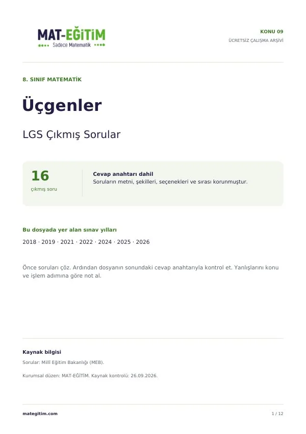 LGS Üçgenler Çıkmış Sorular PDF