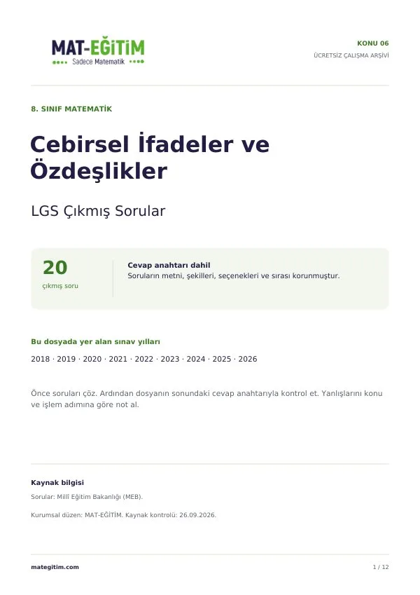 LGS Cebirsel İfadeler ve Özdeşlikler Çıkmış Sorular PDF
