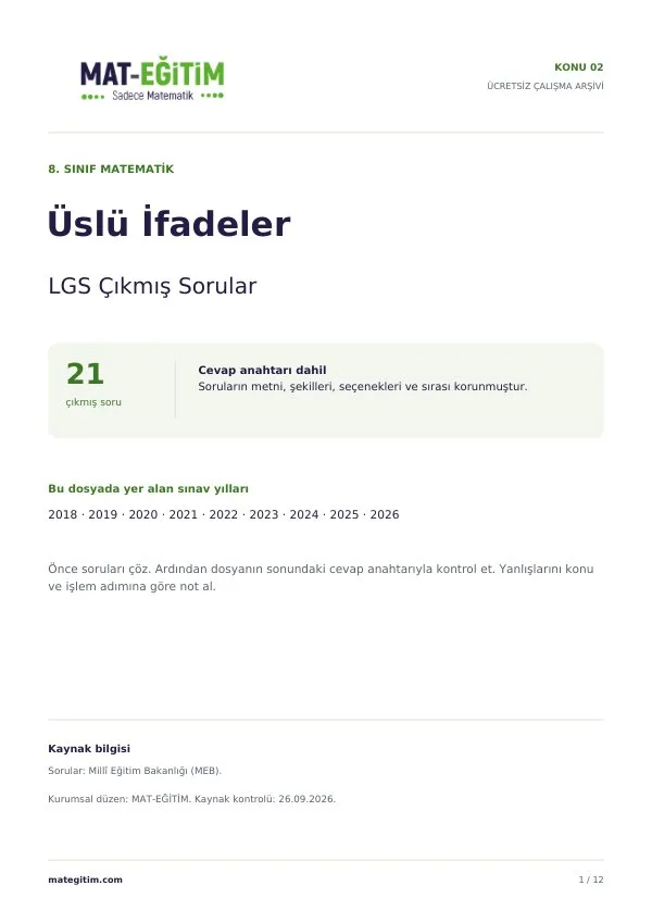 LGS Üslü İfadeler Çıkmış Sorular PDF