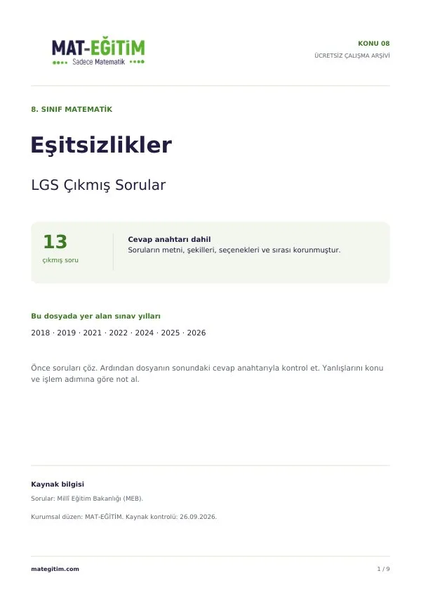 LGS Eşitsizlikler Çıkmış Sorular PDF