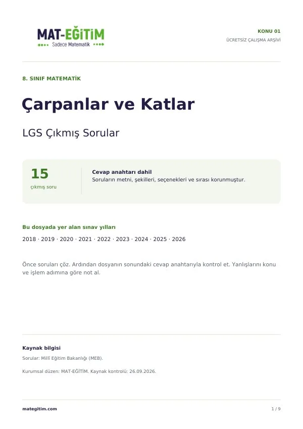 LGS Çarpanlar ve Katlar Çıkmış Sorular PDF