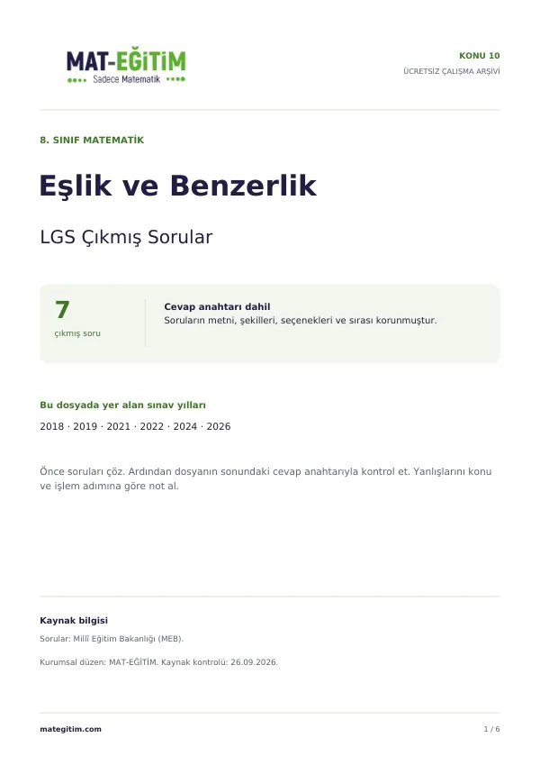 LGS Eşlik ve Benzerlik Çıkmış Sorular PDF
