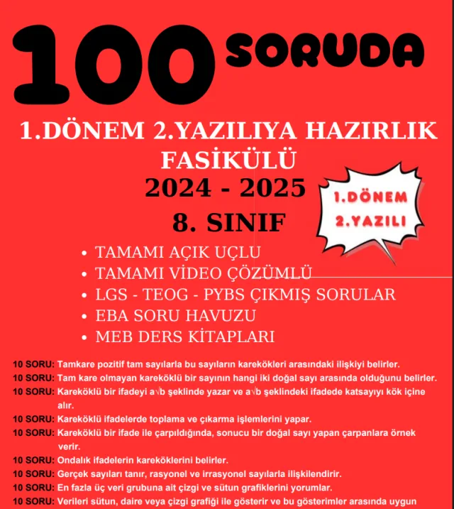 8.Sınıf Matematik 1.Dönem 2.Yazılı Hazırlık Soruları 2026 PDF