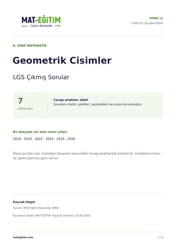 LGS Geometrik Cisimler Çıkmış Sorular PDF