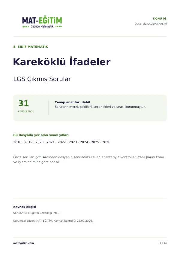 LGS Kareköklü İfadeler Çıkmış Sorular PDF