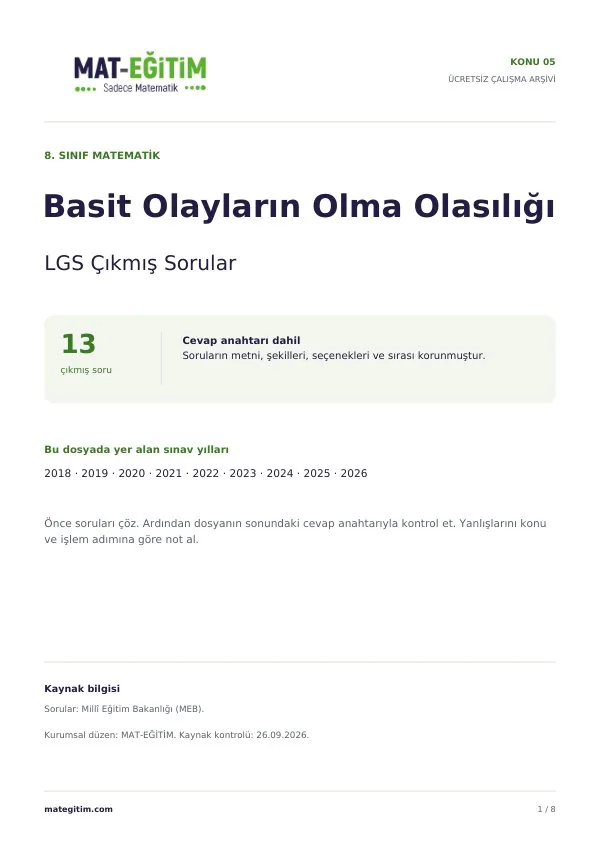 LGS Basit Olayların Olma Olasılığı Çıkmış Sorular PDF