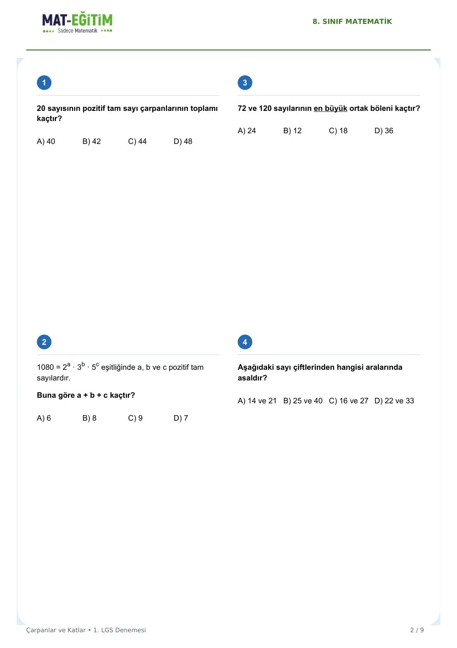 Çarpanlar ve Katlar 1. LGS Denemesi PDF - Sayfa 1